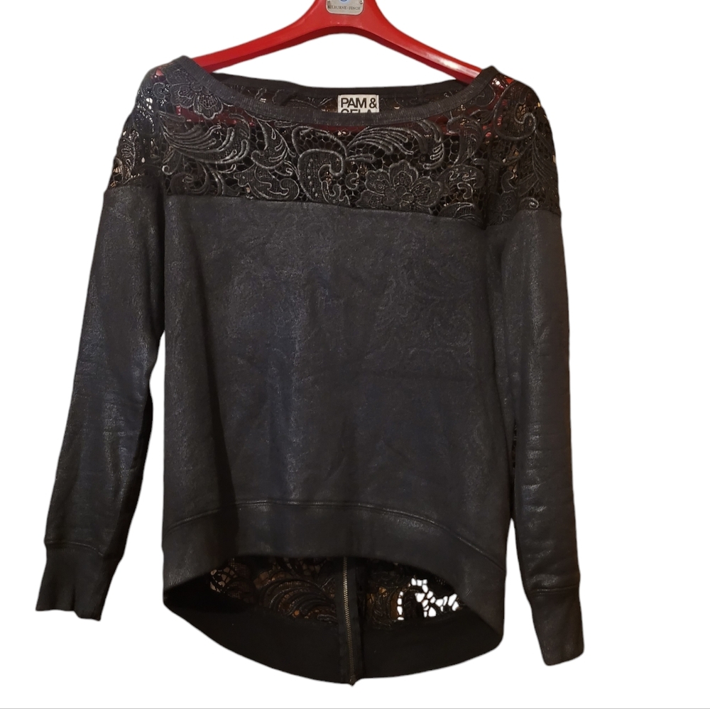 Pam & Gela Womens Black Coated Lace  Sweatshirt Long Sleeve Size Medium